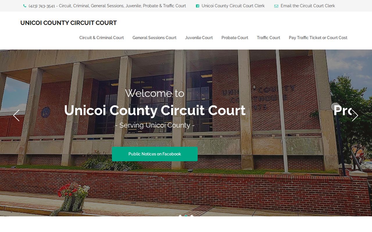 Unicoi Circuit Court Clerk home page with official traffic and court access links