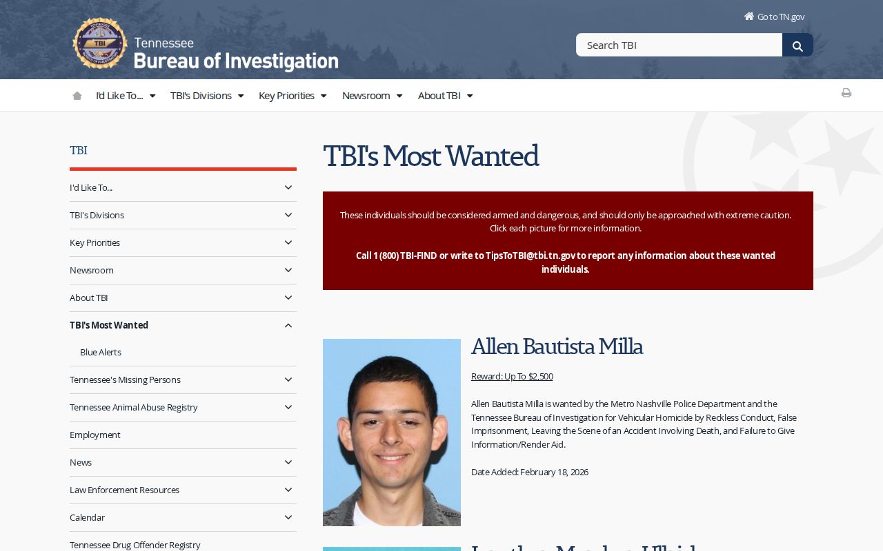 Tennessee Bureau of Investigation Top 10 program page header without any fugitive roster entry