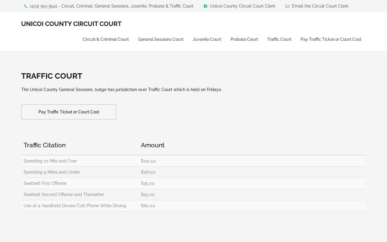 Unicoi County Traffic Court page with Friday schedule and citation information