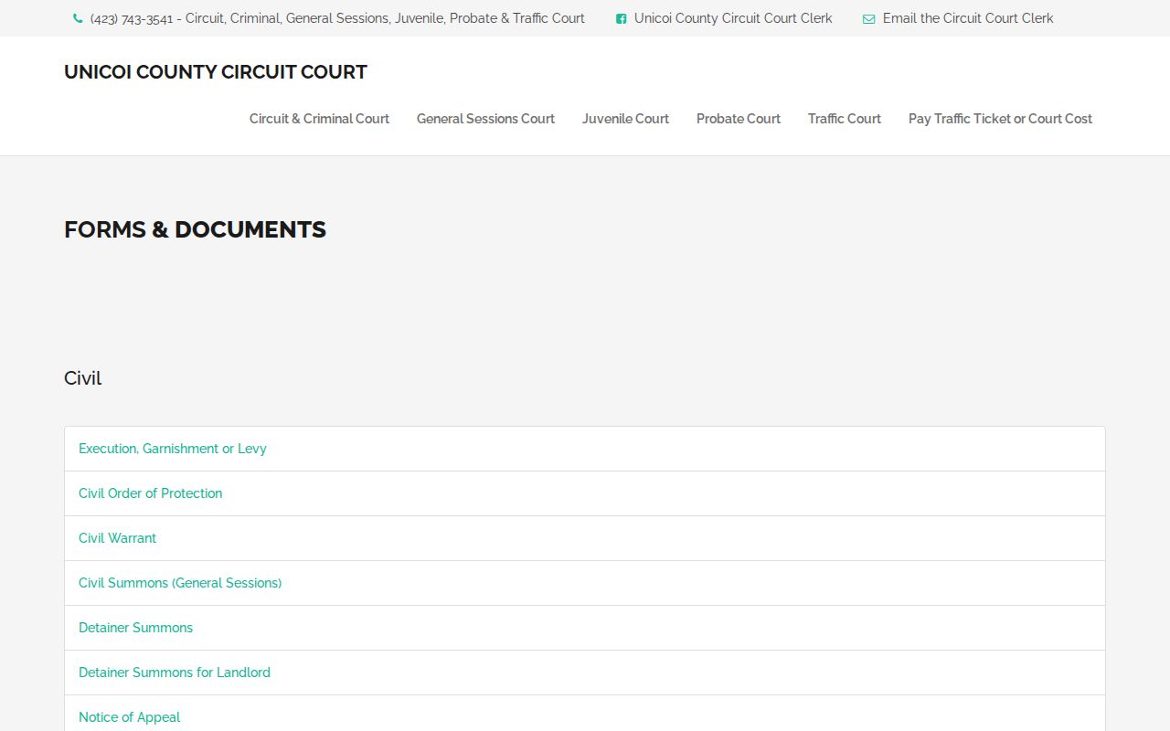 Unicoi Circuit Court Clerk forms page listing court form categories