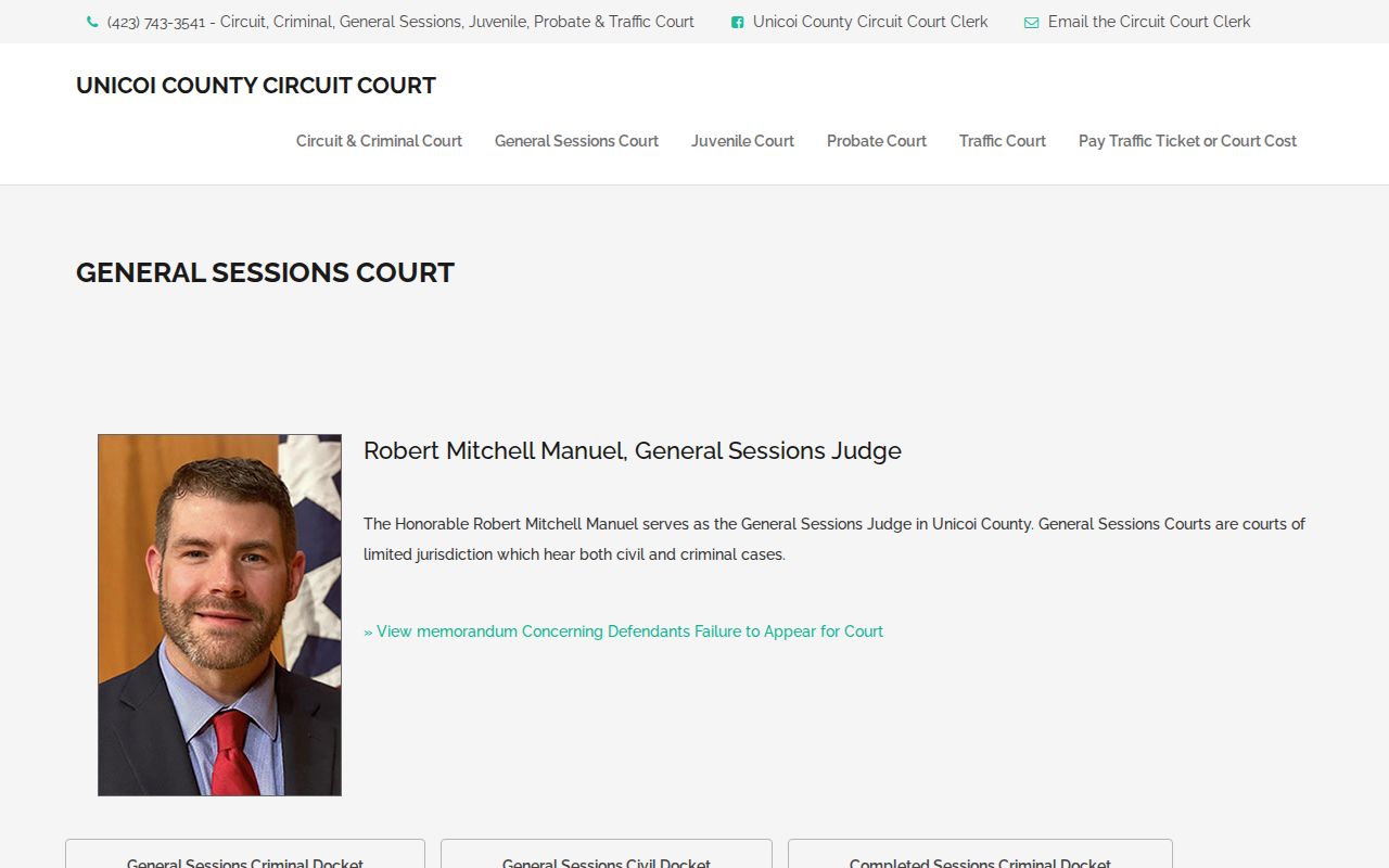 Unicoi County General Sessions Court page describing local jurisdiction and court information