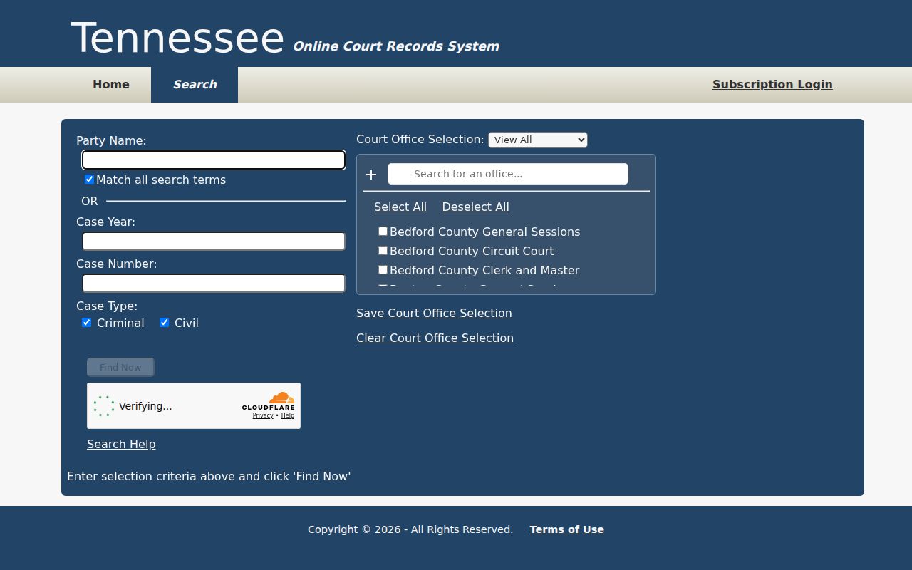 Tennessee case portal office selection page with no Unicoi court option visible in the reviewed list