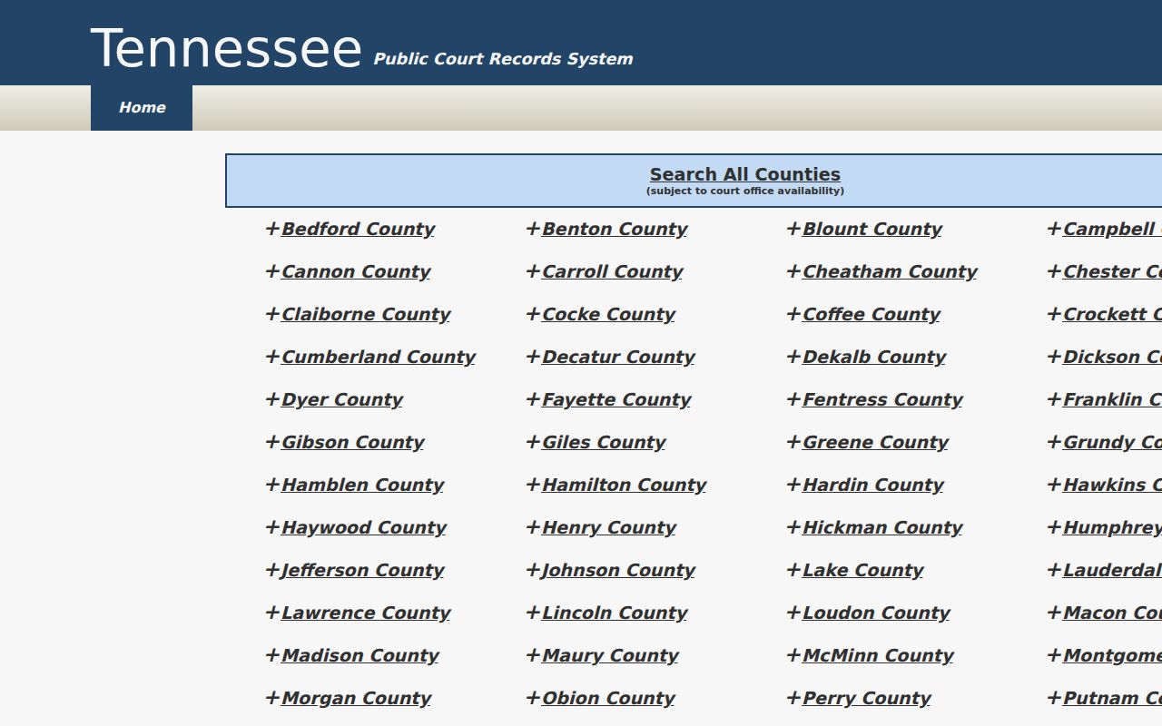 Tennessee public court-record landing page stating that records depend on court-office availability