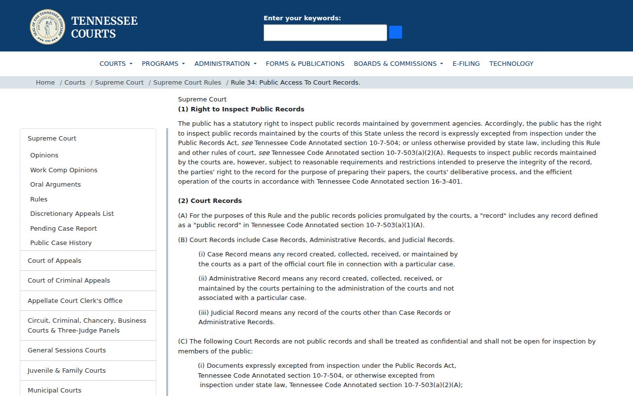 Tennessee Supreme Court Rule 34 page on public access to court records and exceptions