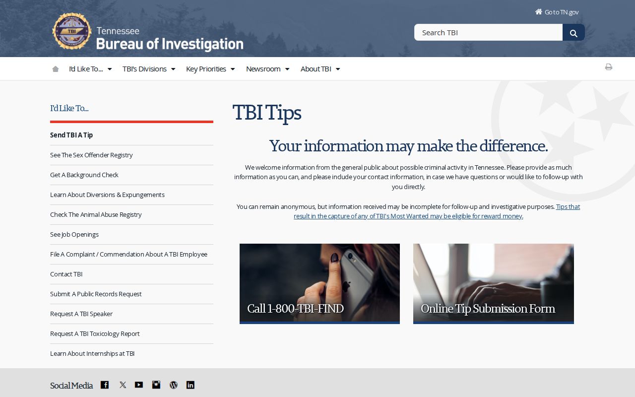 Tennessee Bureau of Investigation tips page showing safe public tip channels
