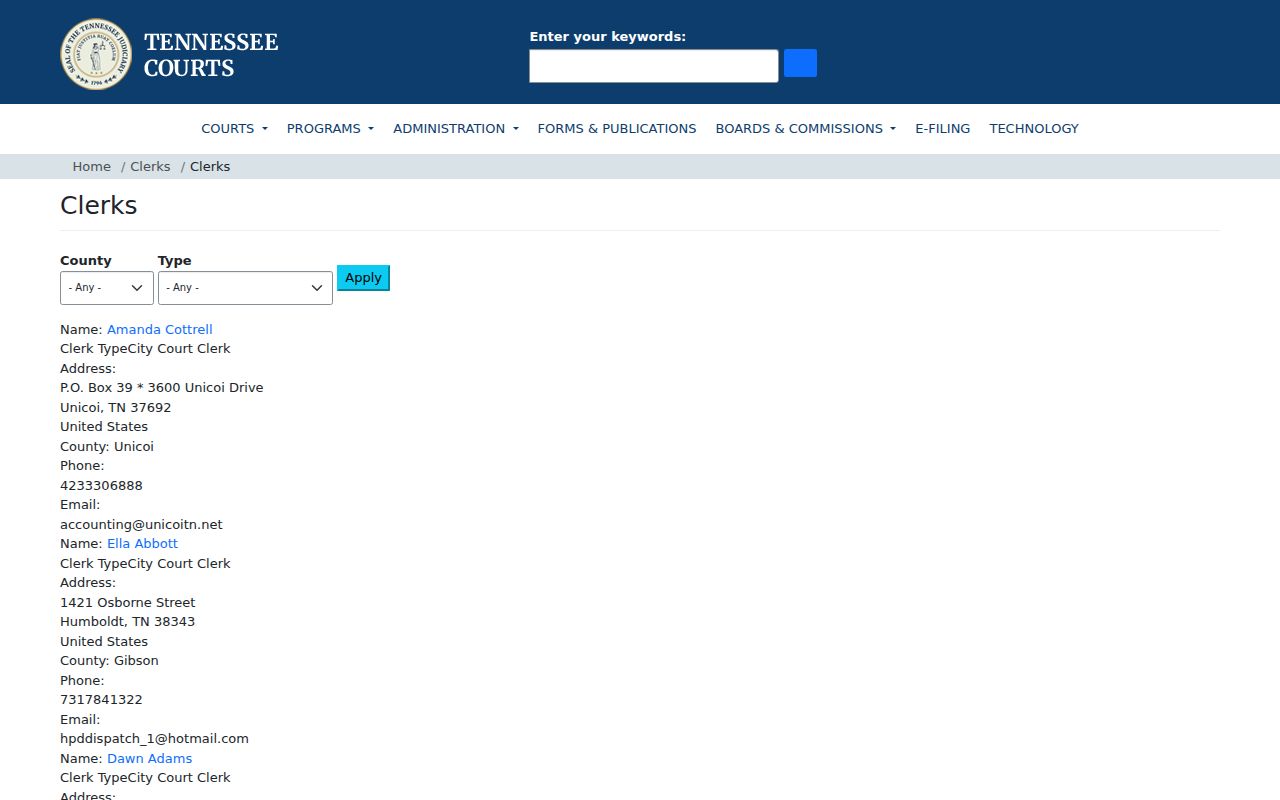 Tennessee court clerk directory entry for a Unicoi County municipal court clerk