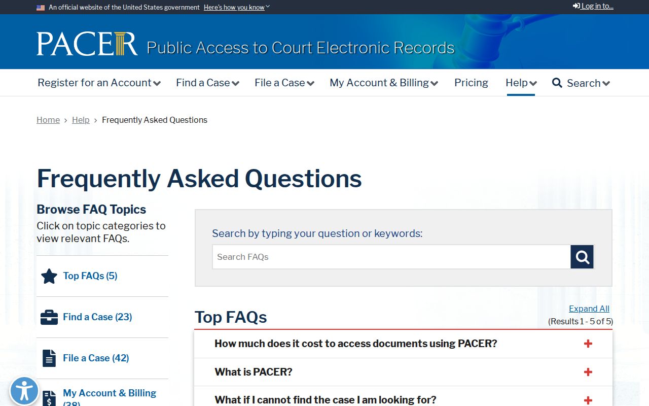 PACER public help page explaining federal case docket access
