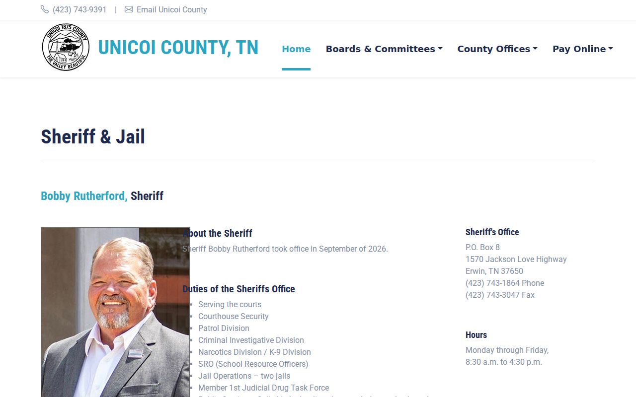 Unicoi County Sheriff page with general office contact information and no public warrant roster