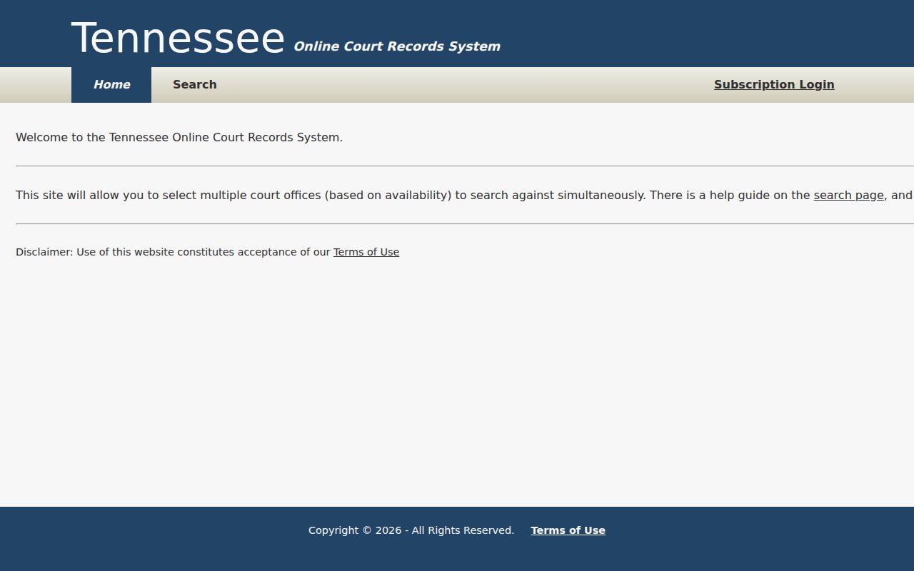 Blank Tennessee public case-search controls for party, year, case number, type, and office